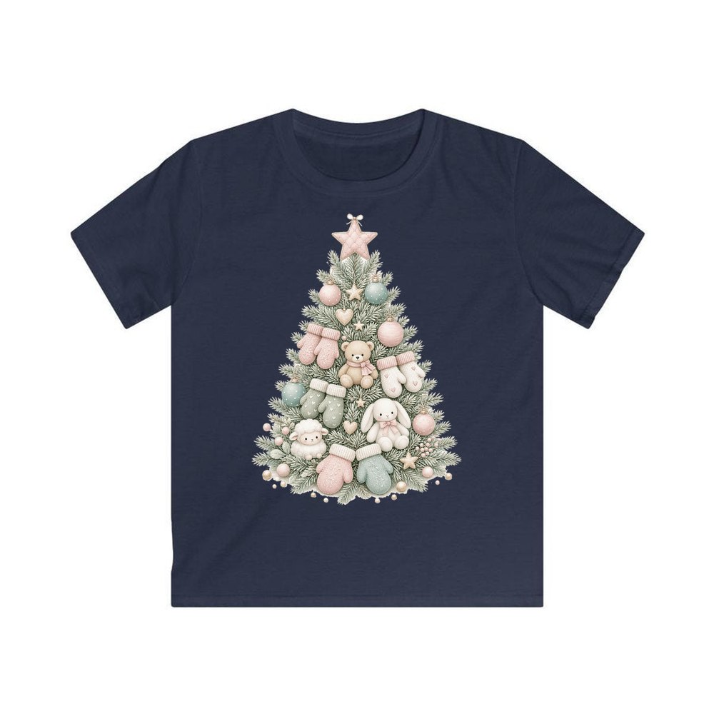 Baby's First Christmas Pastel Tree personalised kids Christmas tee in navy