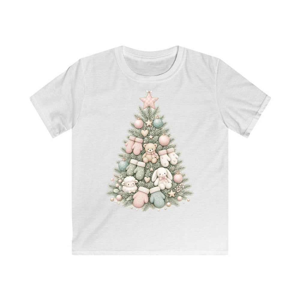 Babys First Christmas Pastel Tree Kids Christmas Tee design on a white kids tee