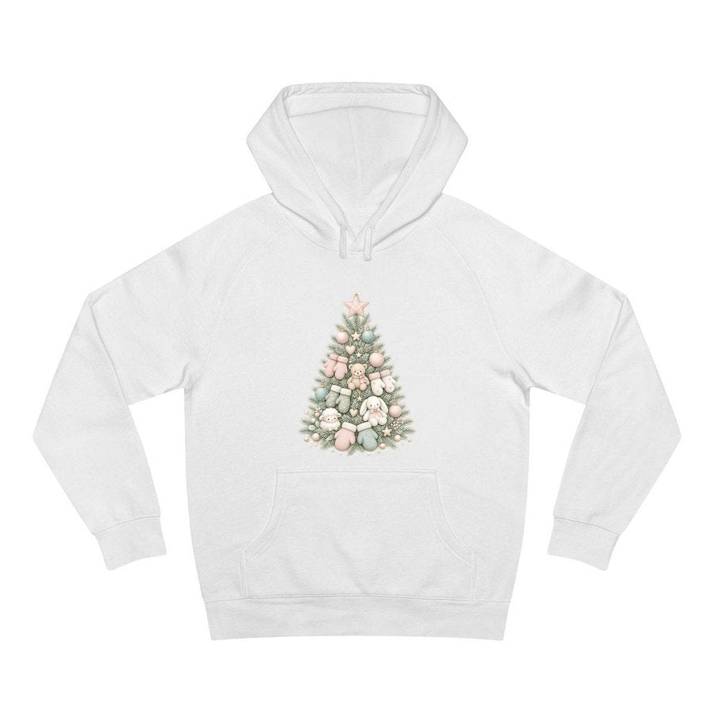 Baby's First Christmas Pastel Tree personalised Christmas hoodie in white
