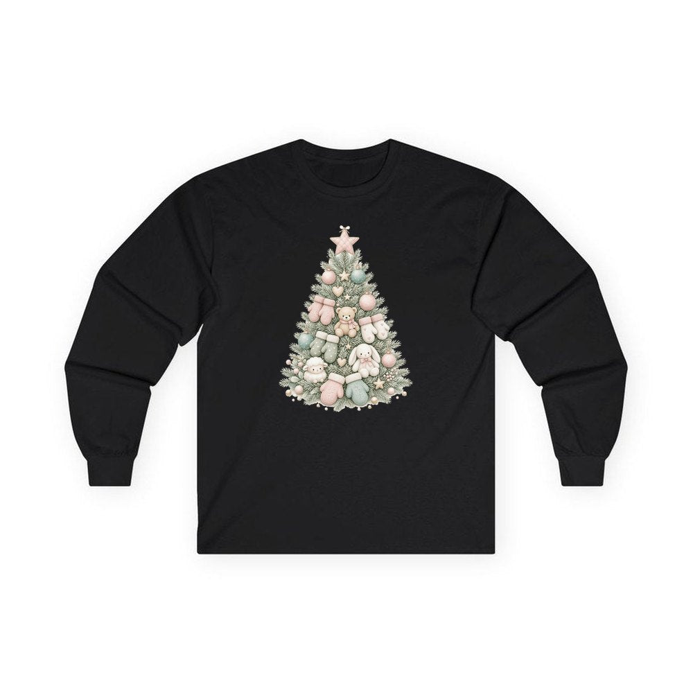 Baby's First Christmas Pastel Tree personalised long sleeve Christmas T-shirt in black
