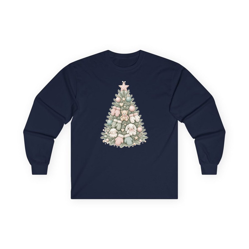 Baby's First Christmas Pastel Tree personalised long sleeve Christmas T-shirt in navy