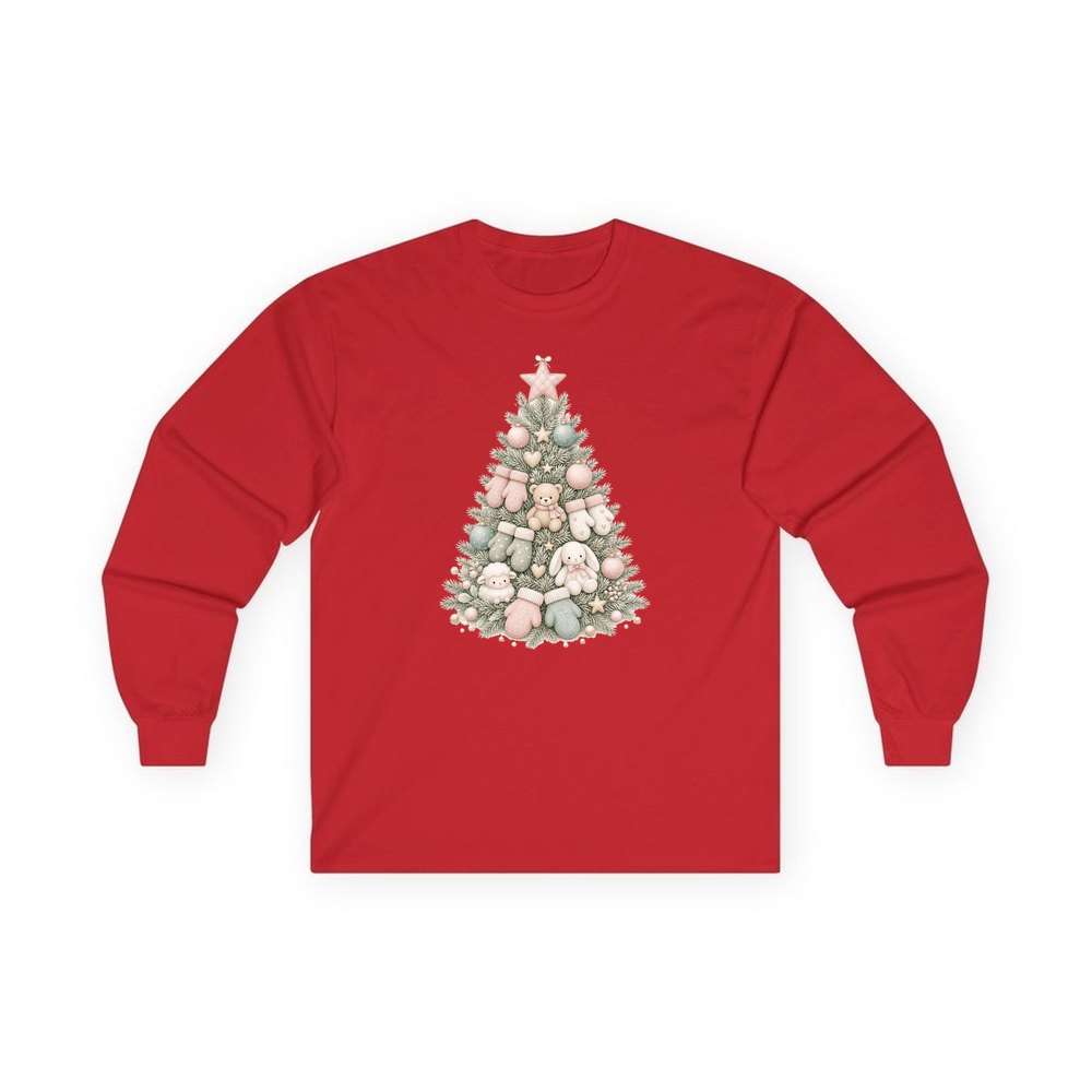 Baby's First Christmas Pastel Tree personalised long sleeve Christmas T-shirt in red