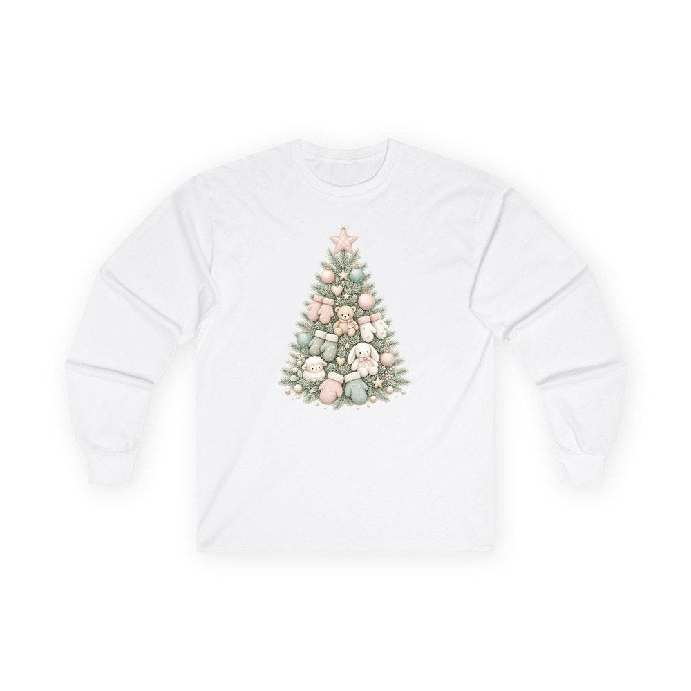 Baby's First Christmas Pastel Tree personalised long sleeve Christmas T-shirt in white