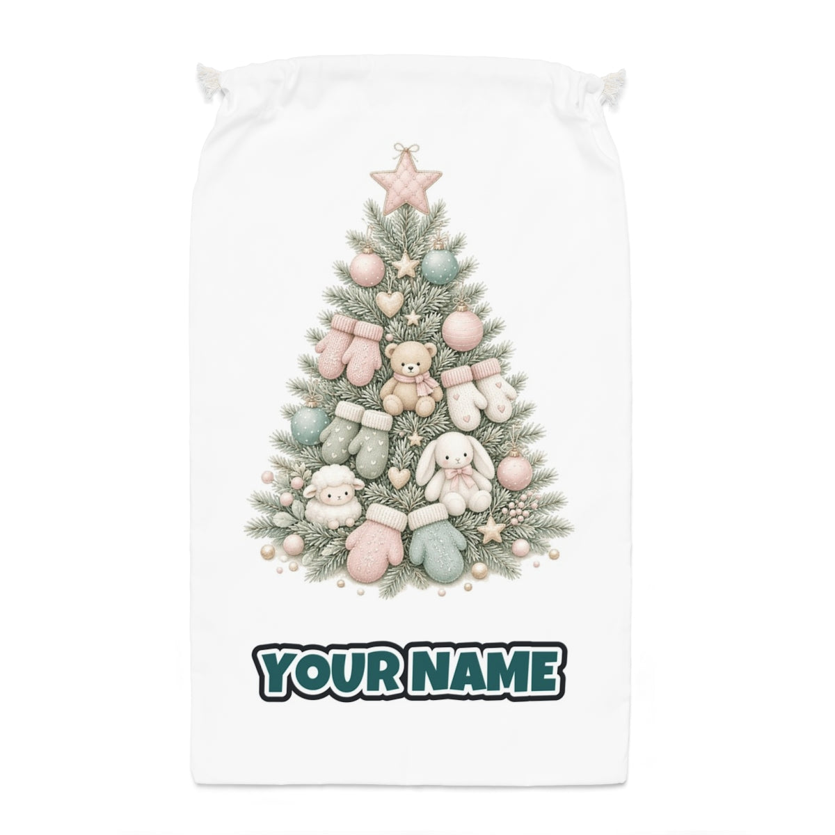 Baby's First Christmas Pastel Tree Santa sack laid flat, showing the full print