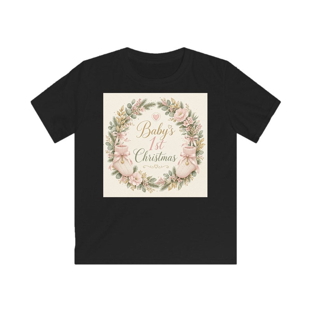 Baby's First Christmas Wreath personalised kids Christmas tee in black