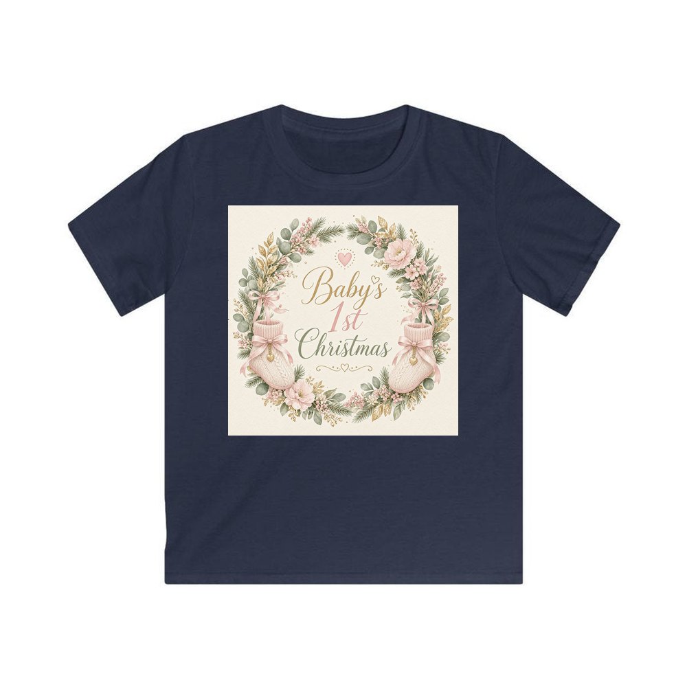 Baby's First Christmas Wreath personalised kids Christmas tee in navy