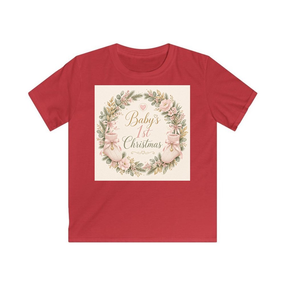Baby's First Christmas Wreath personalised kids Christmas tee in red