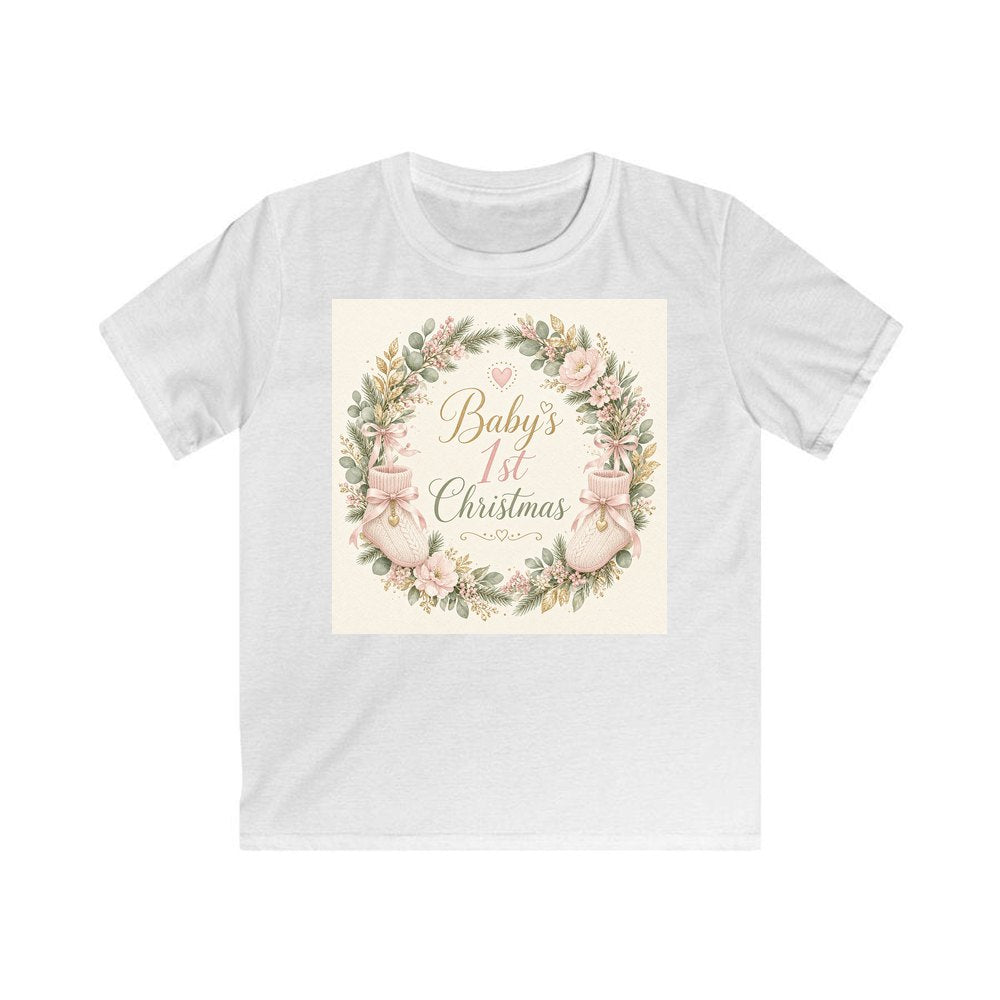 Baby's First Christmas Wreath personalised kids Christmas tee in white