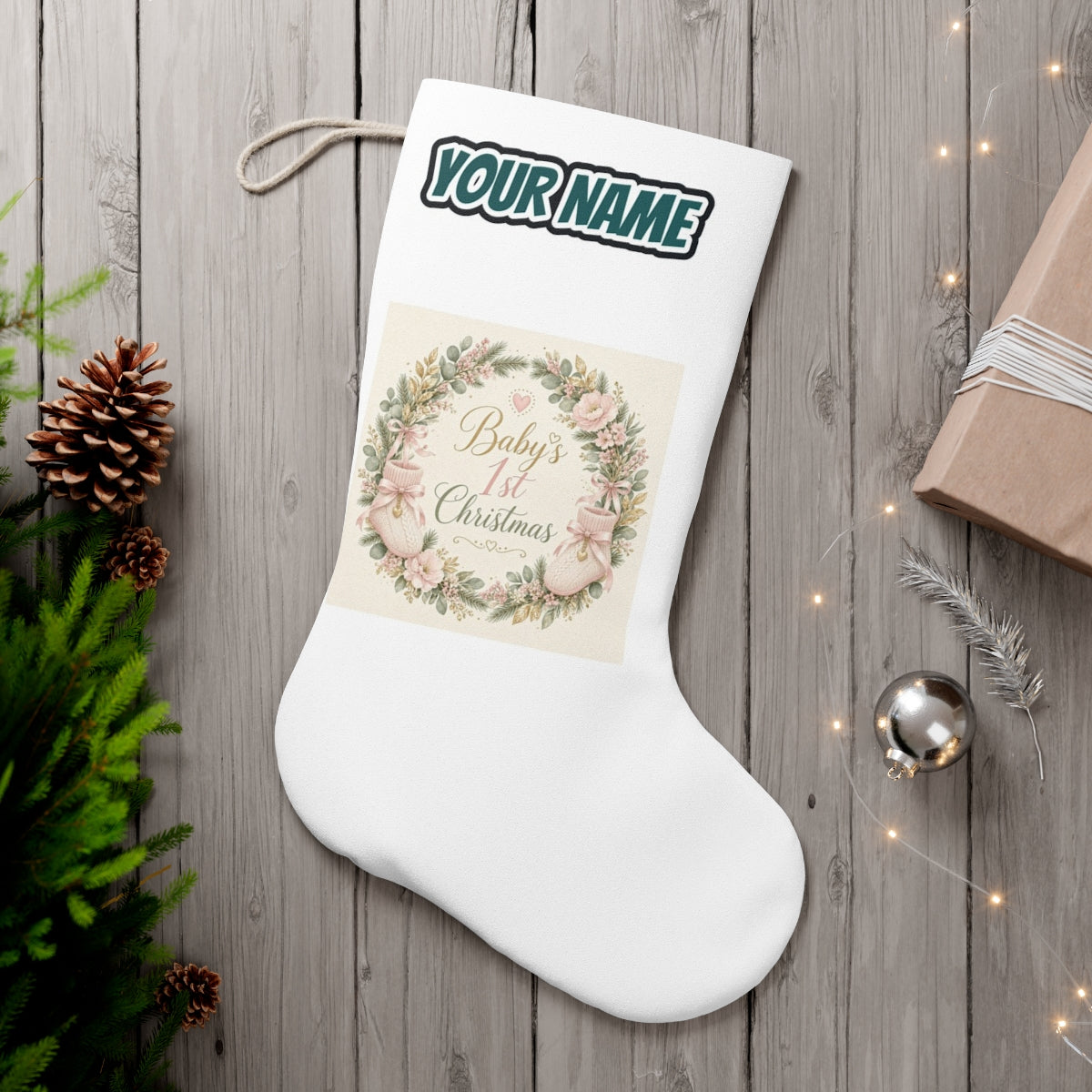 Baby's First Christmas Wreath personalised Christmas stocking, white, with the name across the top