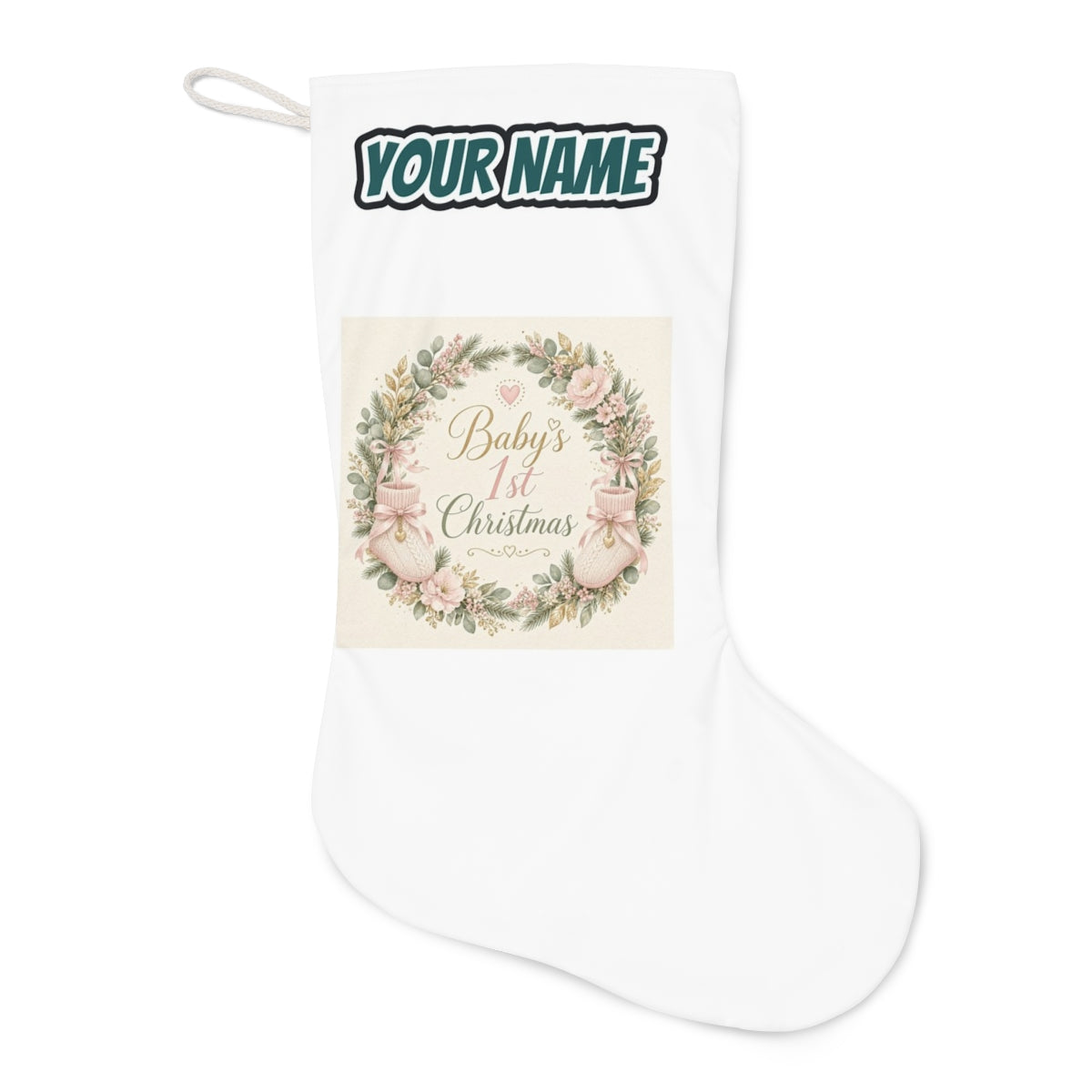 Baby's First Christmas Wreath Christmas stocking laid flat, showing the full print