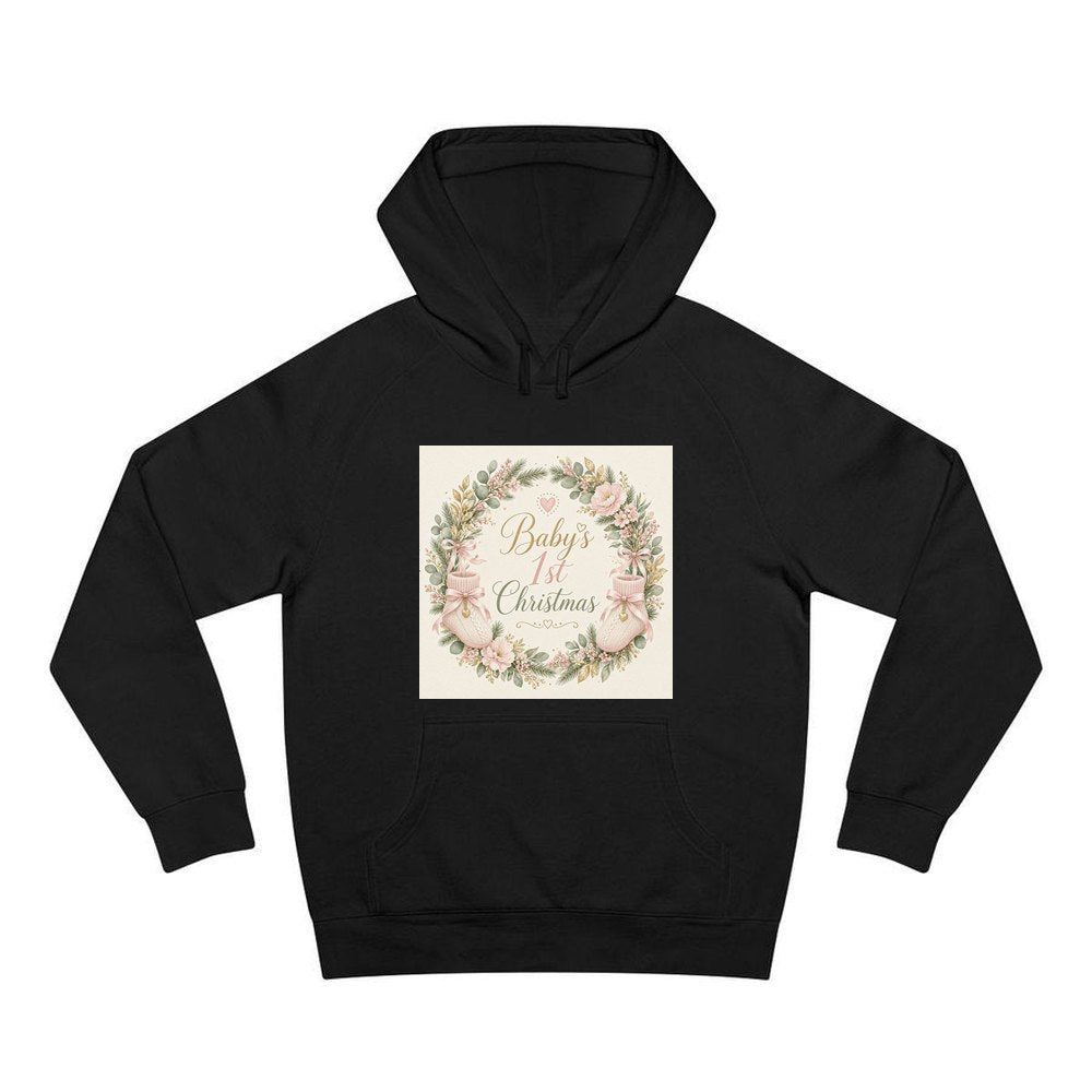 Baby's First Christmas Wreath personalised Christmas hoodie in black
