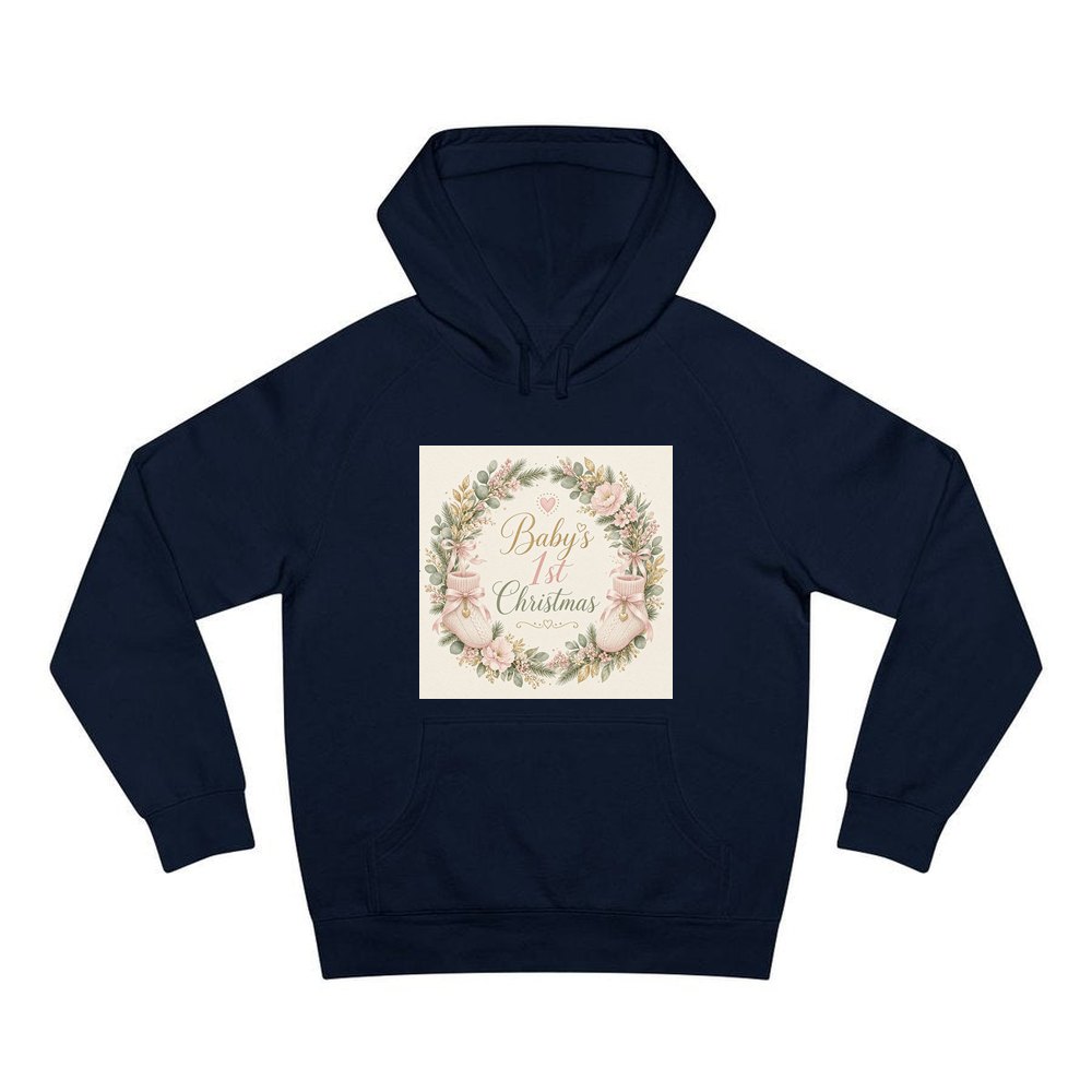 Baby's First Christmas Wreath personalised Christmas hoodie in navy