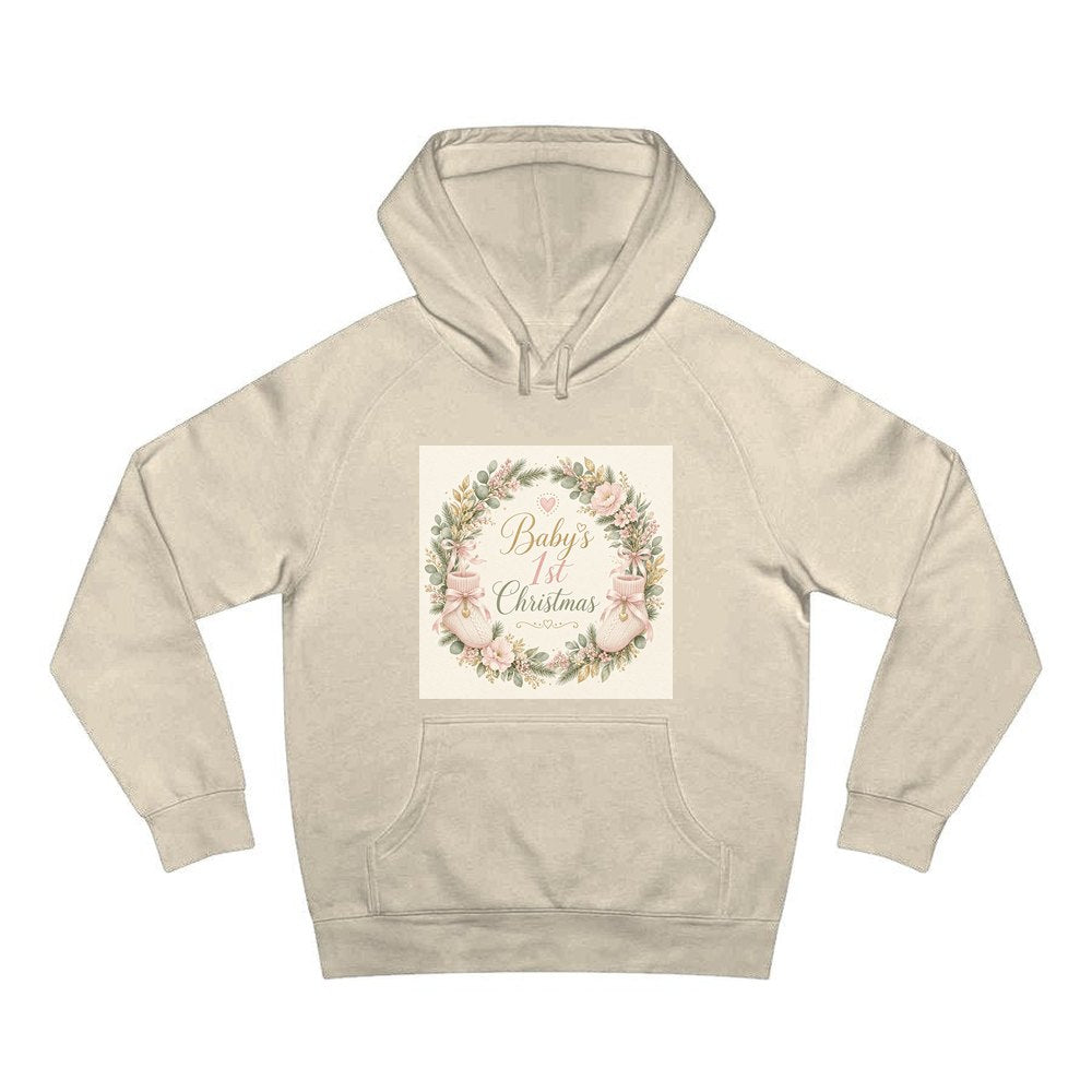 Baby's First Christmas Wreath personalised Christmas hoodie in sand