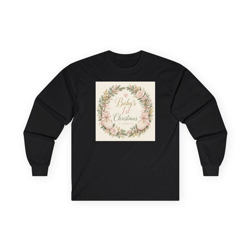 Baby's First Christmas Wreath personalised long sleeve Christmas T-shirt in black