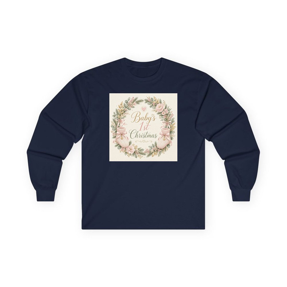 Baby's First Christmas Wreath personalised long sleeve Christmas T-shirt in navy