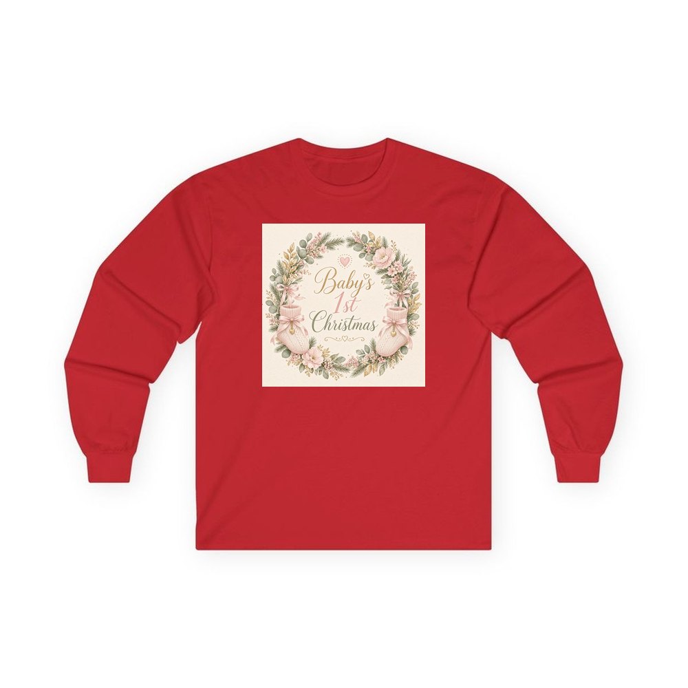 Baby's First Christmas Wreath personalised long sleeve Christmas T-shirt in red