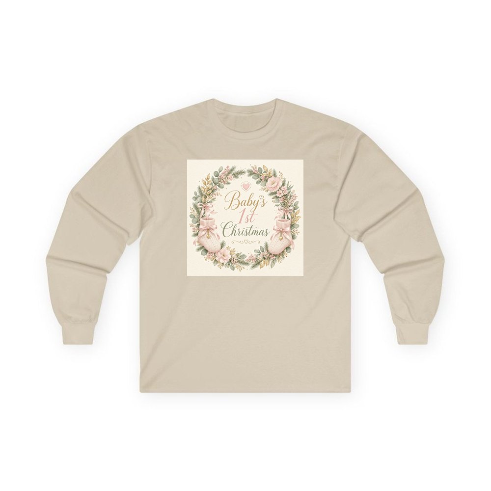 Baby's First Christmas Wreath personalised long sleeve Christmas T-shirt in sand