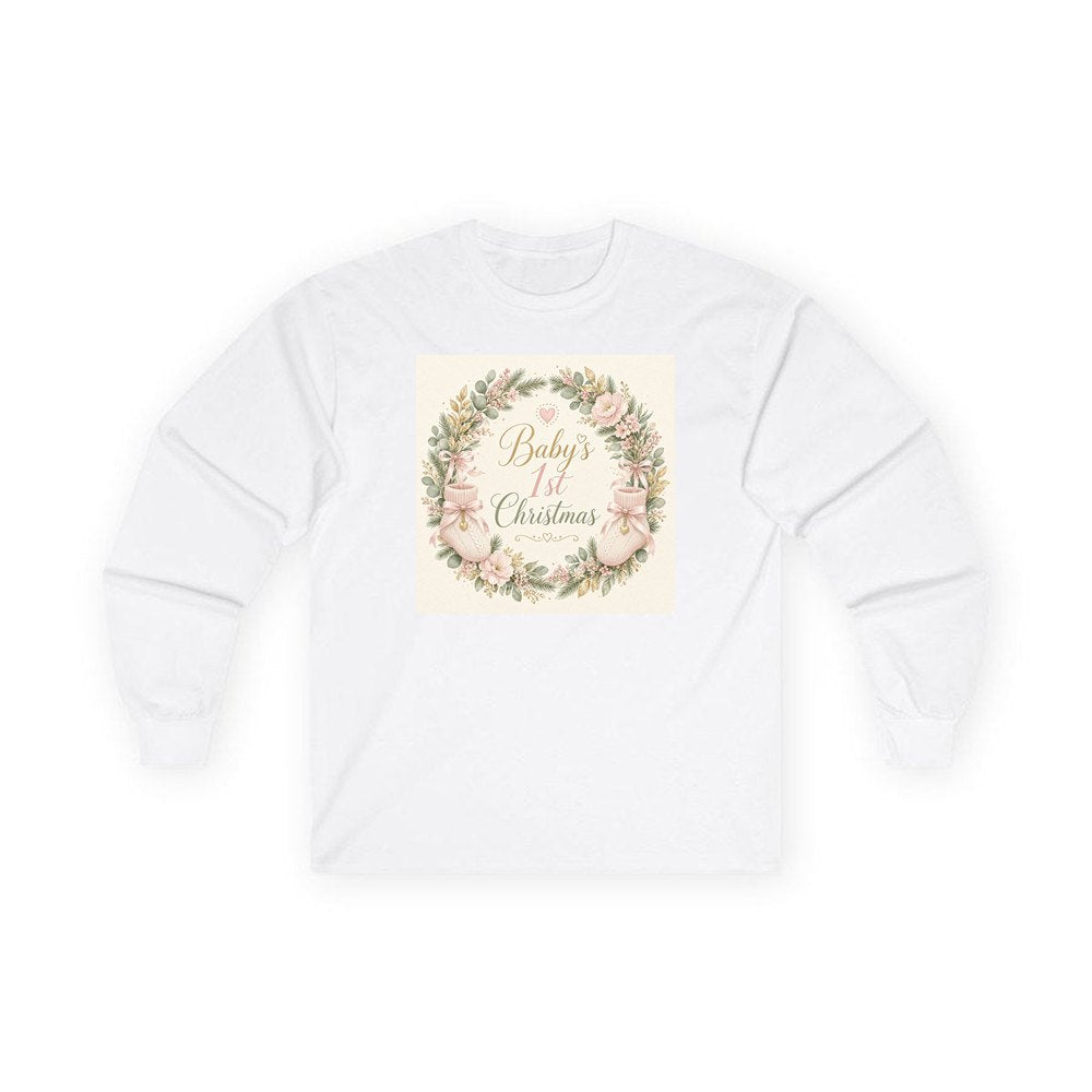 Baby's First Christmas Wreath personalised long sleeve Christmas T-shirt in white