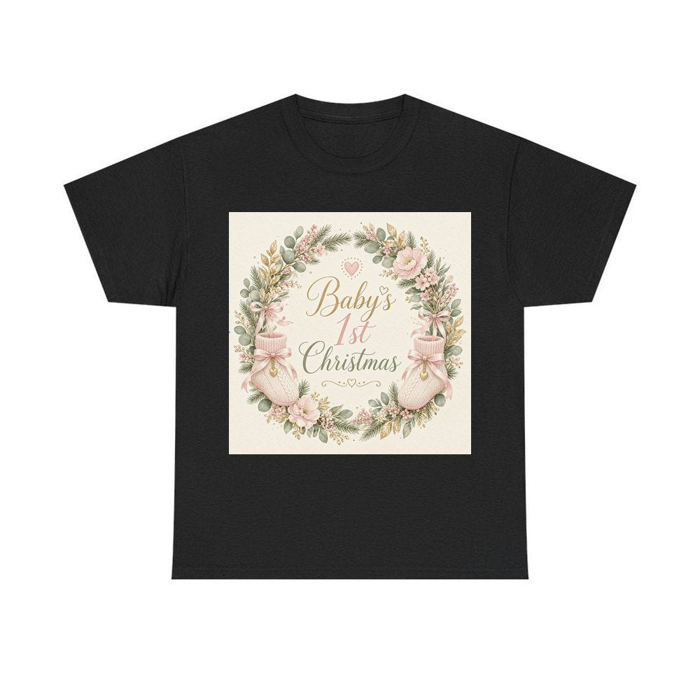 Baby's First Christmas Wreath personalised Christmas T-shirt in black