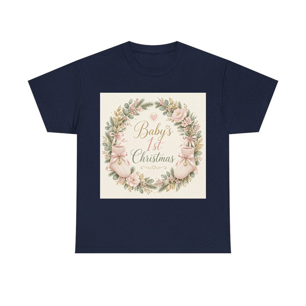 Baby's First Christmas Wreath personalised Christmas T-shirt in navy