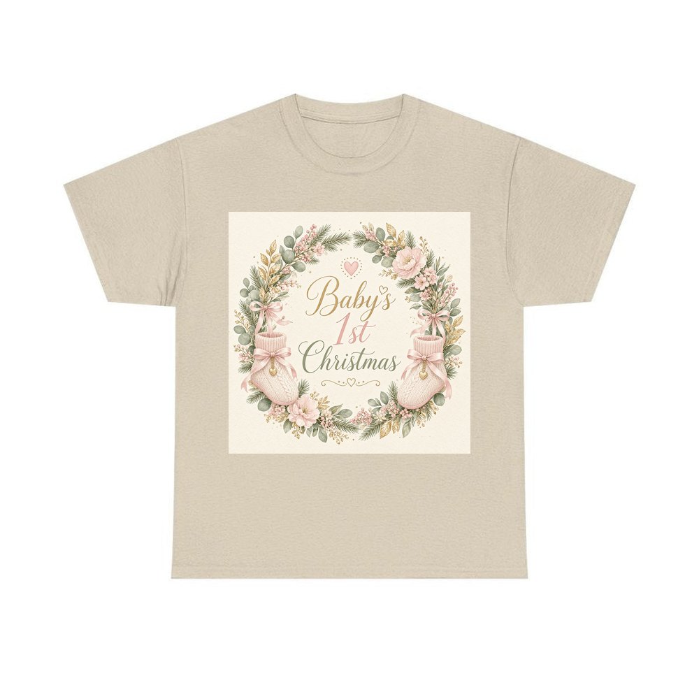 Baby's First Christmas Wreath personalised Christmas T-shirt in sand