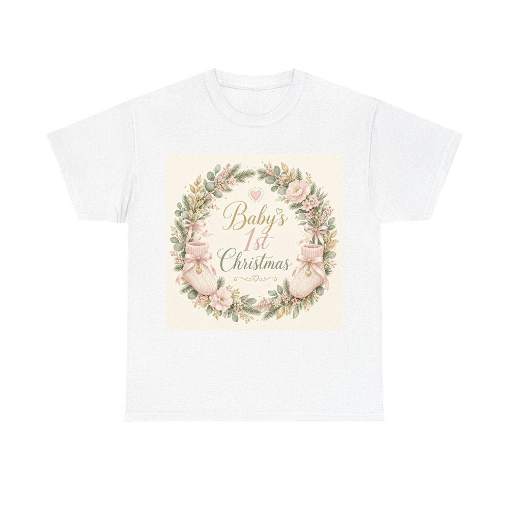 Baby's First Christmas Wreath personalised Christmas T-shirt in white