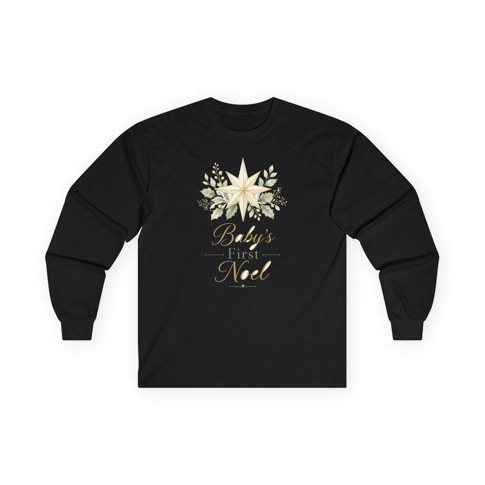 Baby's First Noel Star personalised long sleeve Christmas T-shirt in black