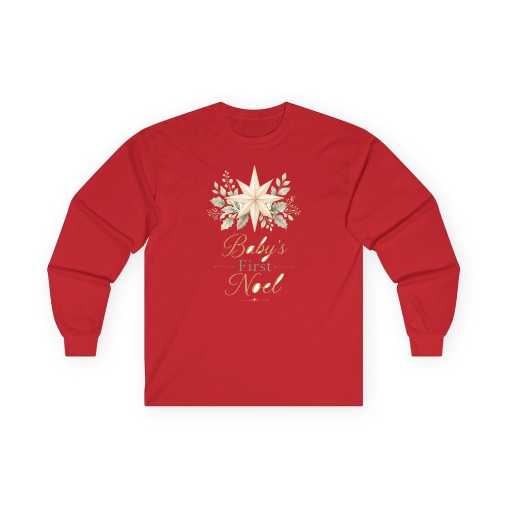 Baby's First Noel Star personalised long sleeve Christmas T-shirt in red