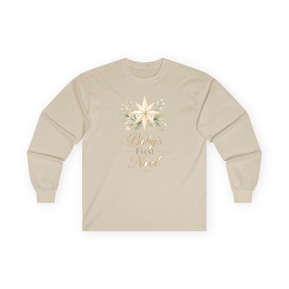 Baby's First Noel Star personalised long sleeve Christmas T-shirt in sand