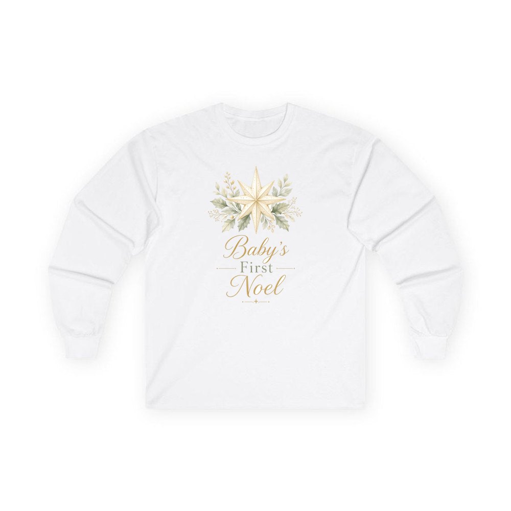 Baby's First Noel Star personalised long sleeve Christmas T-shirt in white