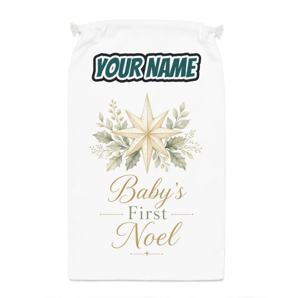 Baby's First Noel Star Santa sack laid flat, showing the full print