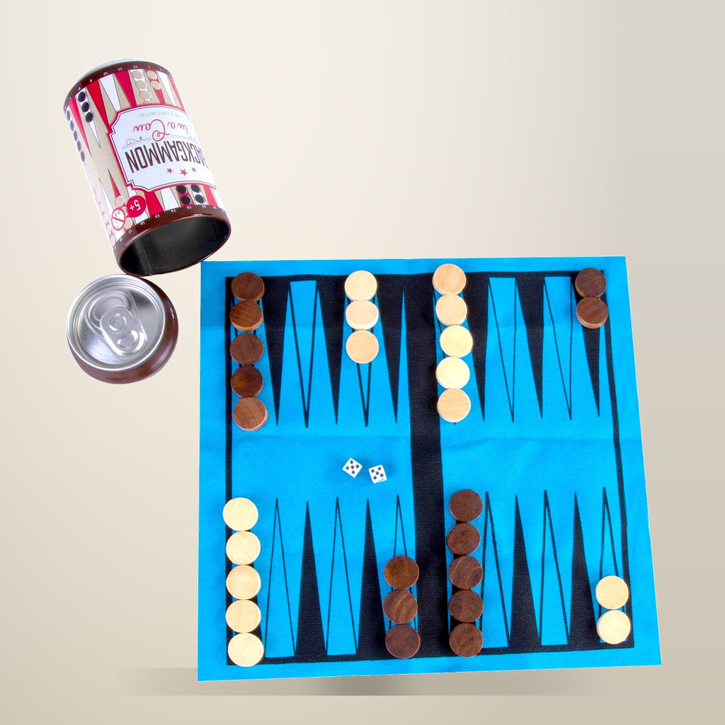 Backgammon in a Can, Travel Board Game, on a plain cream background