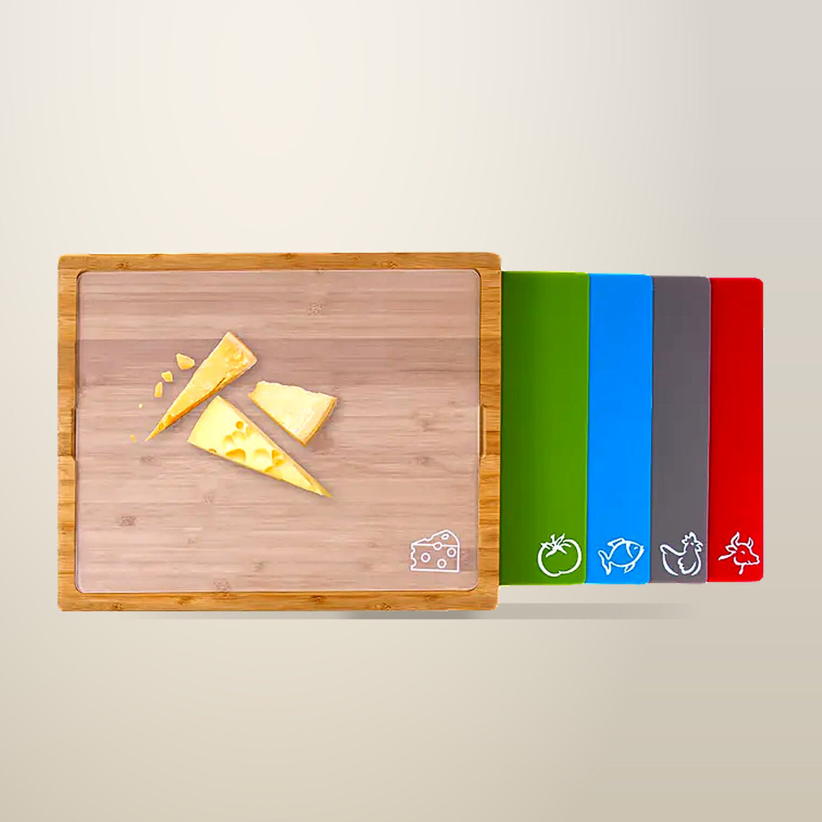 Bamboo Chopping Board with 5 Colour-Coded Cutting Mat Inserts, on a plain cream background