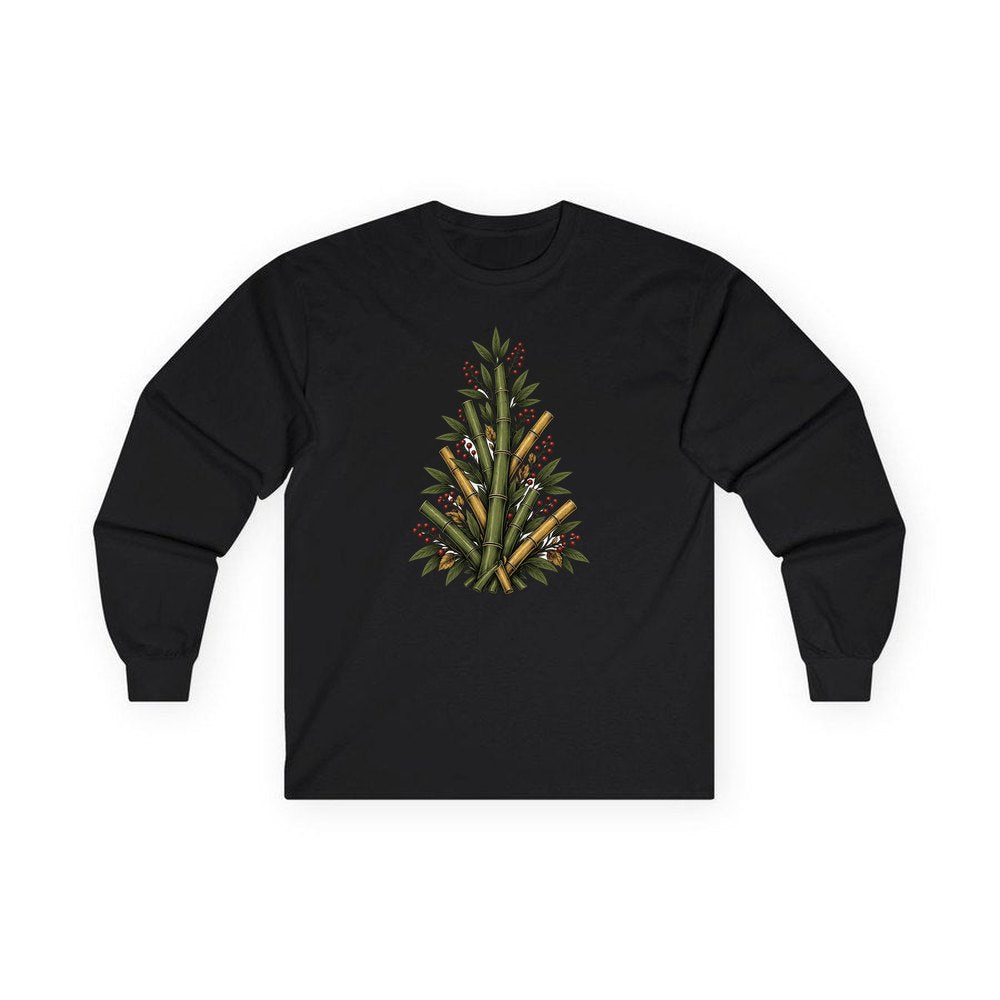 Bamboo Christmas Tree personalised long sleeve Christmas T-shirt in black