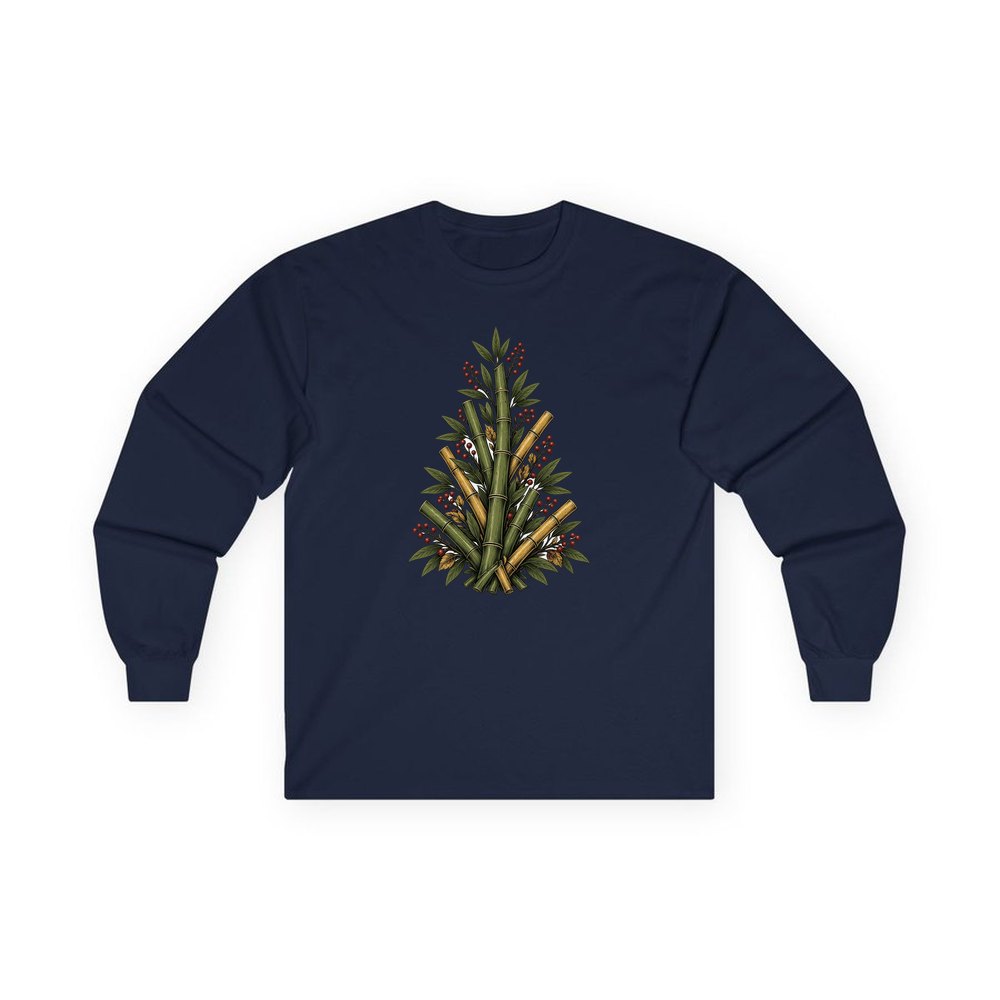 Bamboo Christmas Tree personalised long sleeve Christmas T-shirt in navy