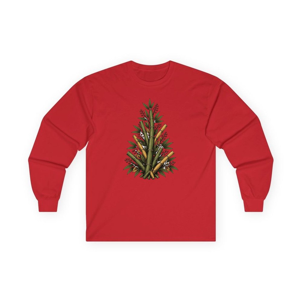 Bamboo Christmas Tree personalised long sleeve Christmas T-shirt in red