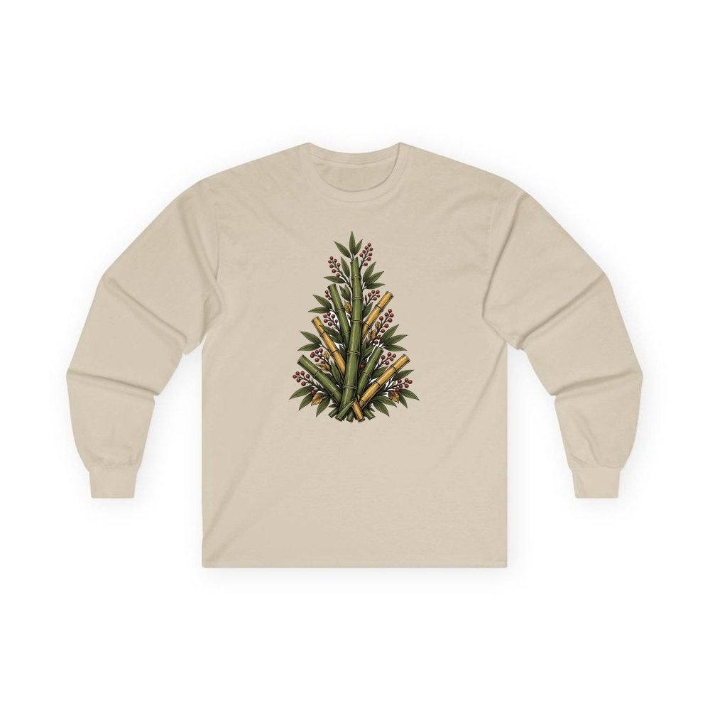 Bamboo Christmas Tree personalised long sleeve Christmas T-shirt in sand