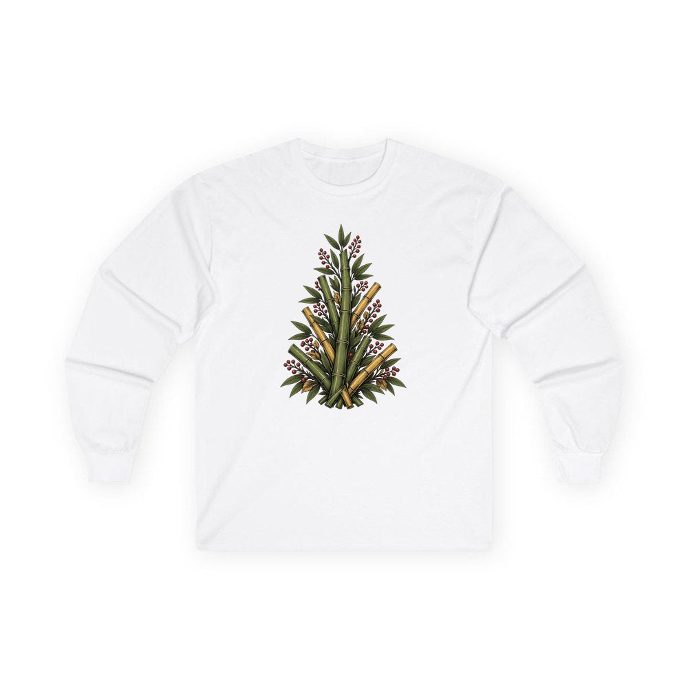 Bamboo Christmas Tree personalised long sleeve Christmas T-shirt in white