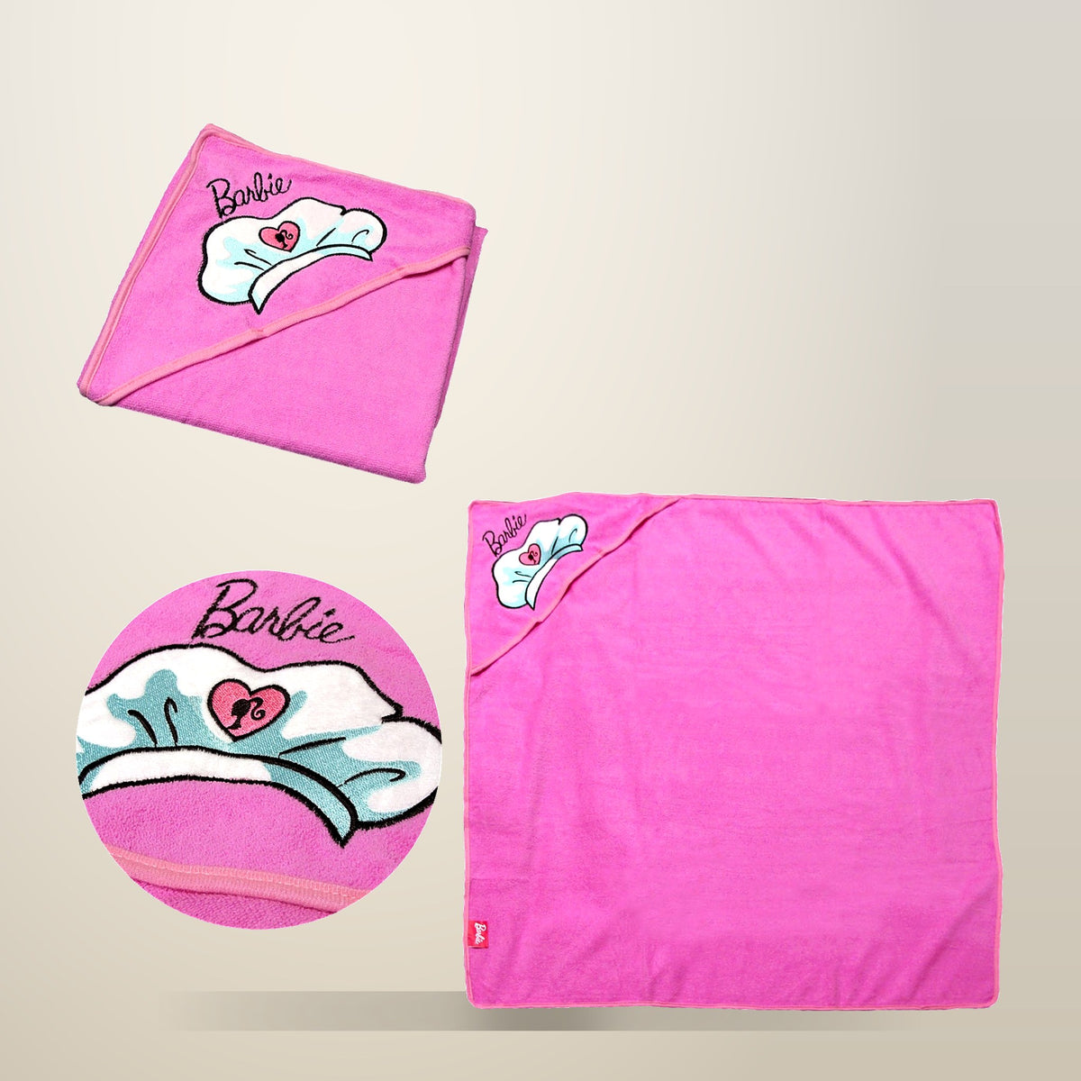 Barbie Embroidered Hooded Towel, Pink, 90 x 90 cm, on a plain cream background