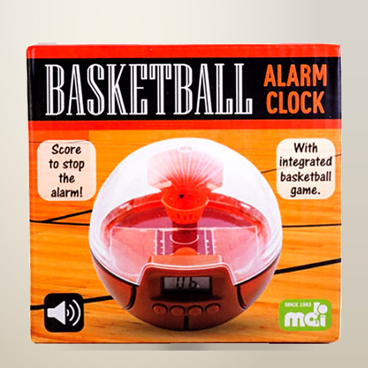 MDI Basketball Shooting Alarm Clock, 100 mm, on a plain cream background
