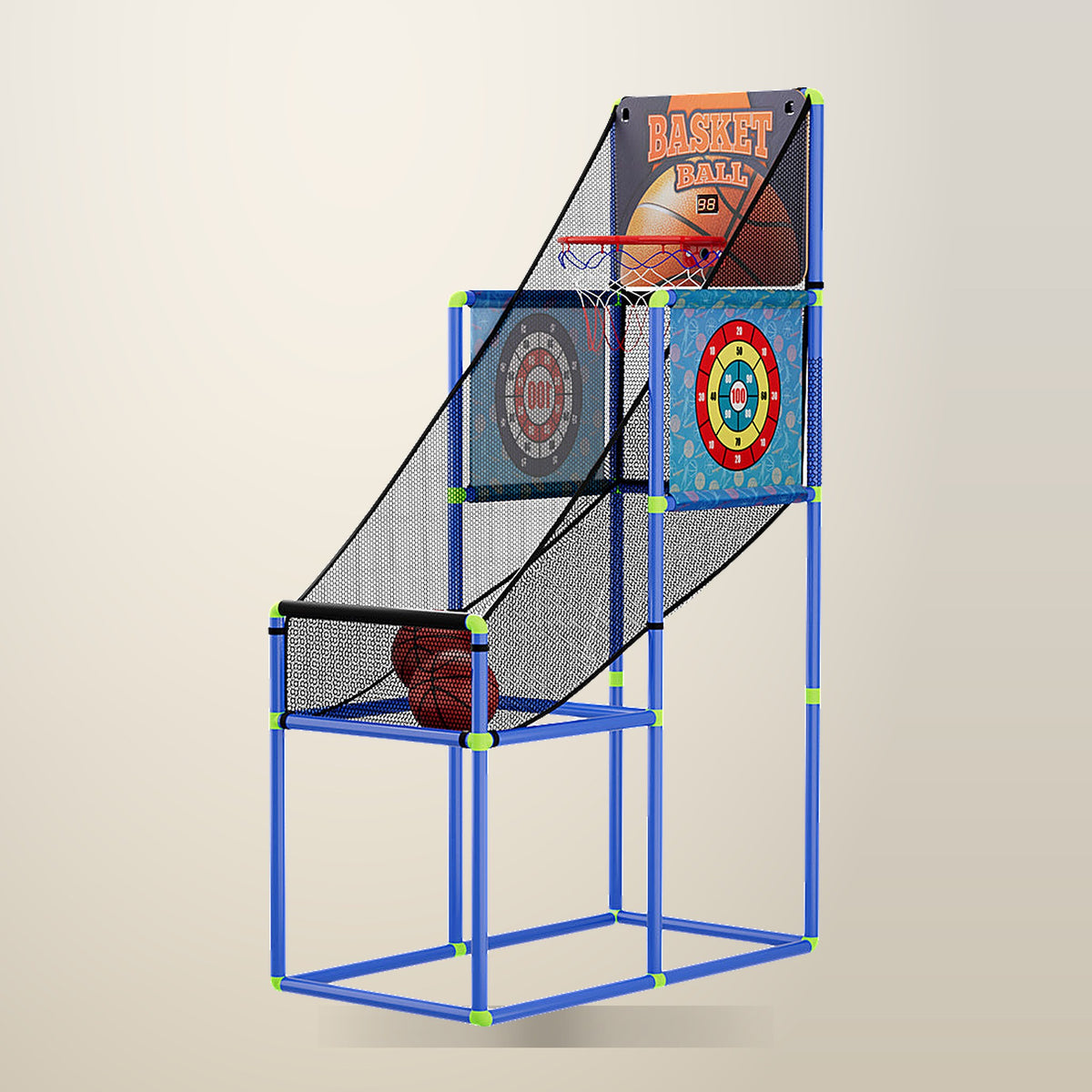 Basketball Arcade Shooting Machine, 3 Games, Blue, on a plain cream background