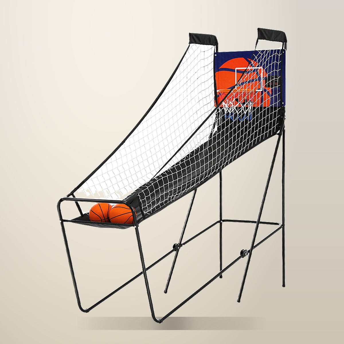 Basketball Arcade Shooting Machine, 8 Games, Black, Compact, on a plain cream background