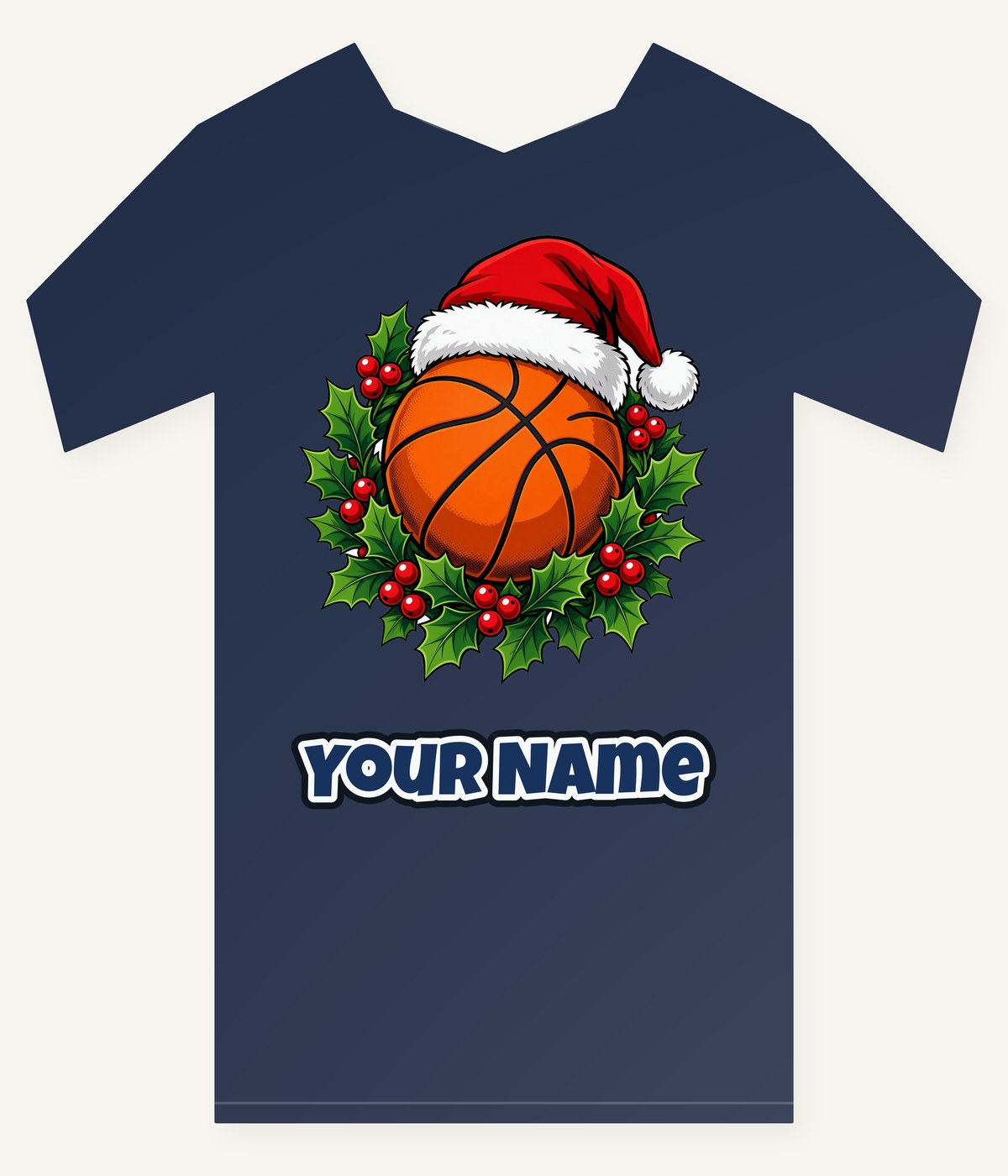Basketball In Santa Hat personalised kids Christmas tee with the design and a name printed on the front