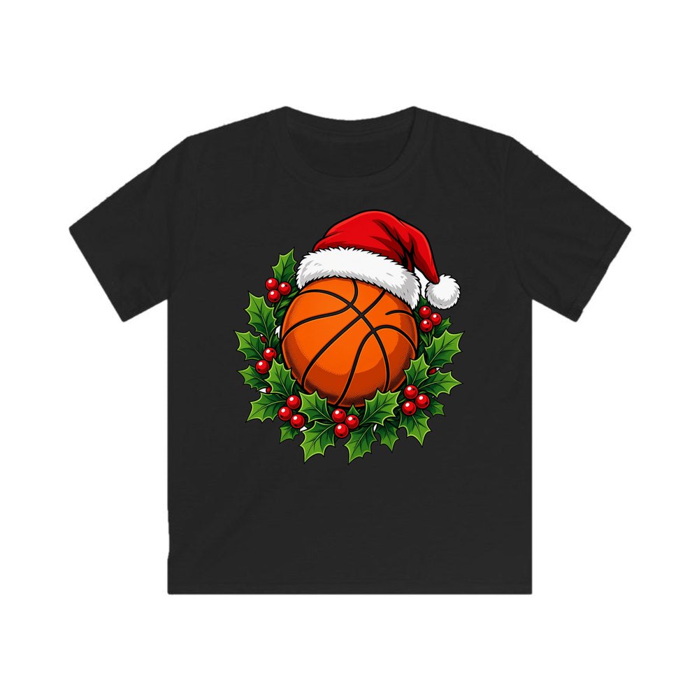 Basketball In Santa Hat personalised kids Christmas tee in black