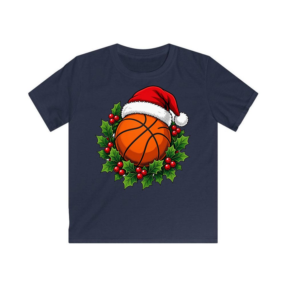 Basketball In Santa Hat personalised kids Christmas tee in navy