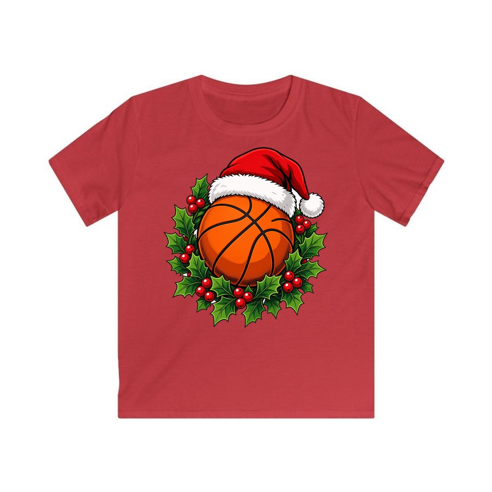 Basketball In Santa Hat personalised kids Christmas tee in red