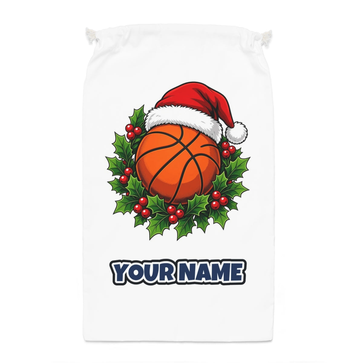 Basketball In Santa Hat Santa sack laid flat, showing the full print