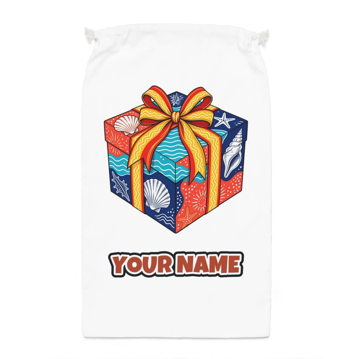 Beach Shells Gift Box Santa sack laid flat, showing the full print