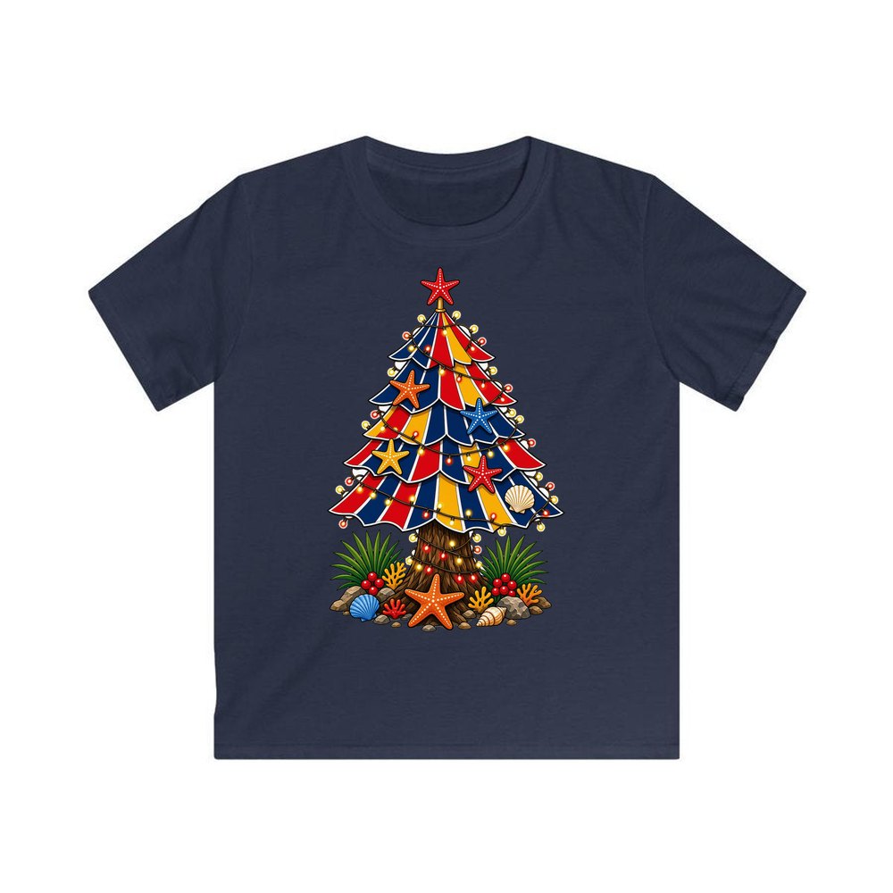 Beach Umbrella Christmas Tree personalised kids Christmas tee in navy