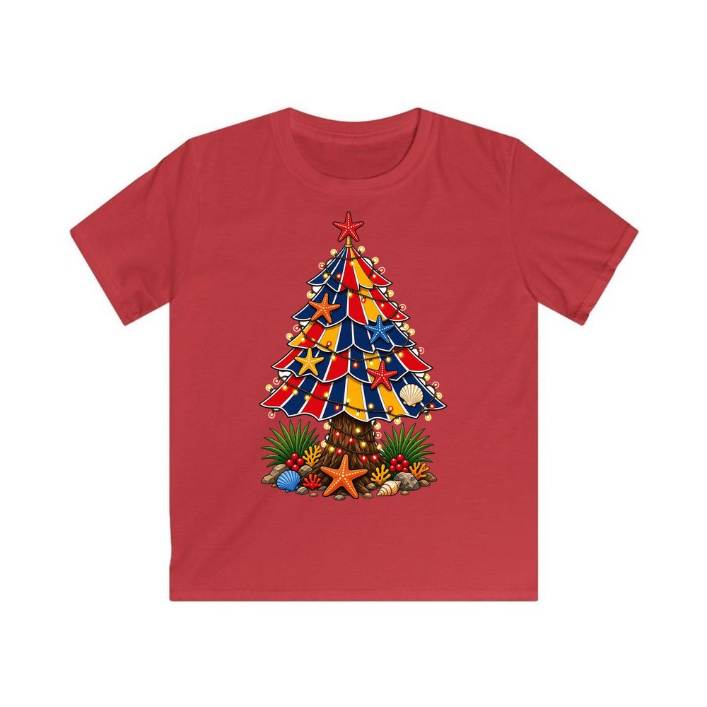 Beach Umbrella Christmas Tree personalised kids Christmas tee in red